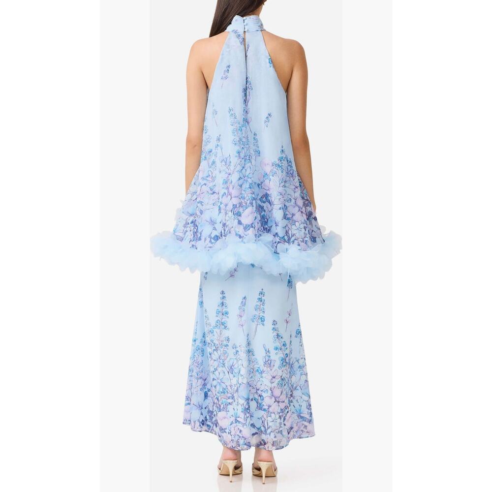 Elliatt Tulsia Floral Georgette Gown Light Blue Ruffle Halter Maxi Dress M - Picture 2 of 4